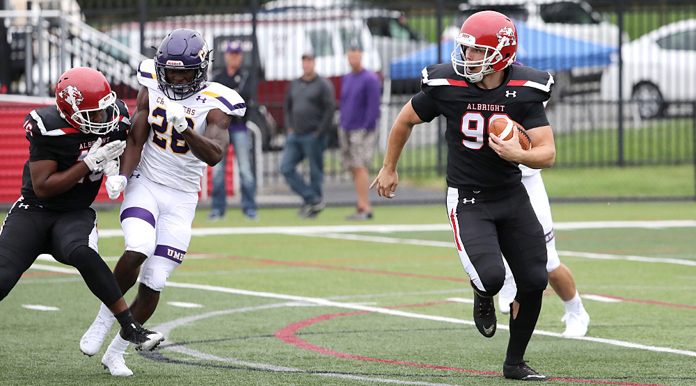 Albright punter Kevin Goetz running with the ball in his hands. (Albright athletics photo)