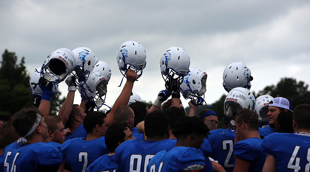 Finlandia players hold their helmets in the air on a gloomy, overcast day.