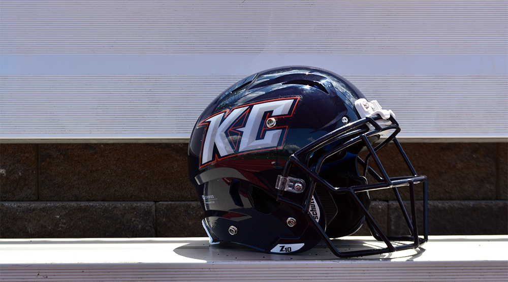 Keystone's helmet on a metal bench with a brick background. (Keystone athletics photo)