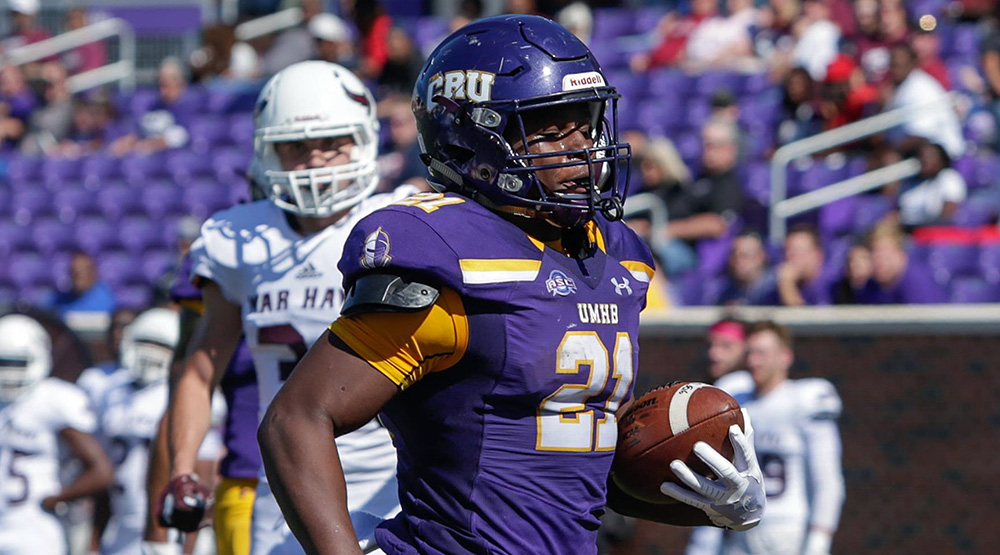 Markeith Miller crosses the goal line for UMHB in a home game against McMurry. (Mary Hardin-Baylor athletics photo)