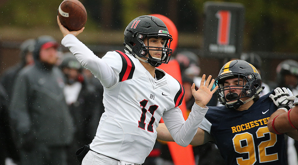 RPI quarterback George Marinopoulous throws in the pocket against Rochester. (RPI athletics photo)