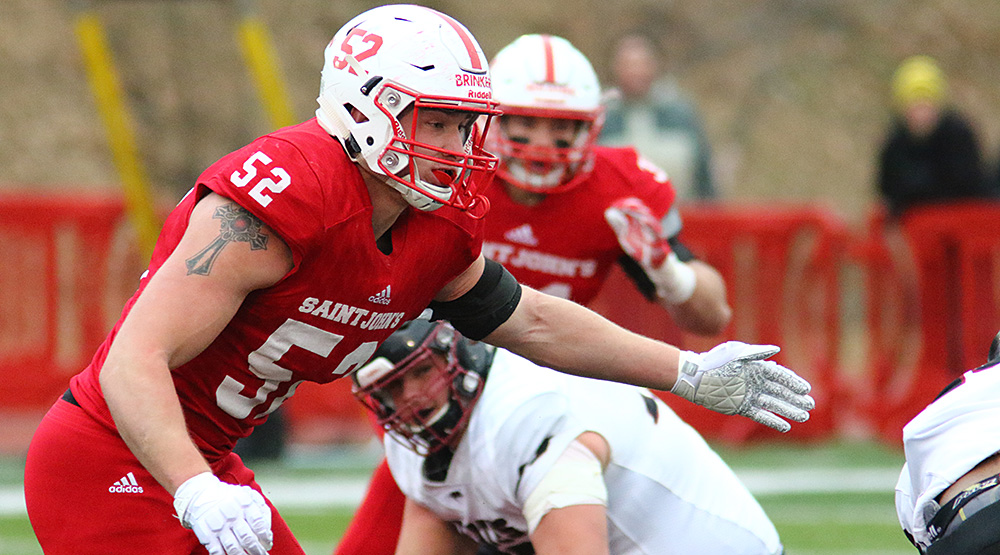 Hans Brinker at defensive end for St. John's. (Photo by Ryan Coleman, d3photography.com)