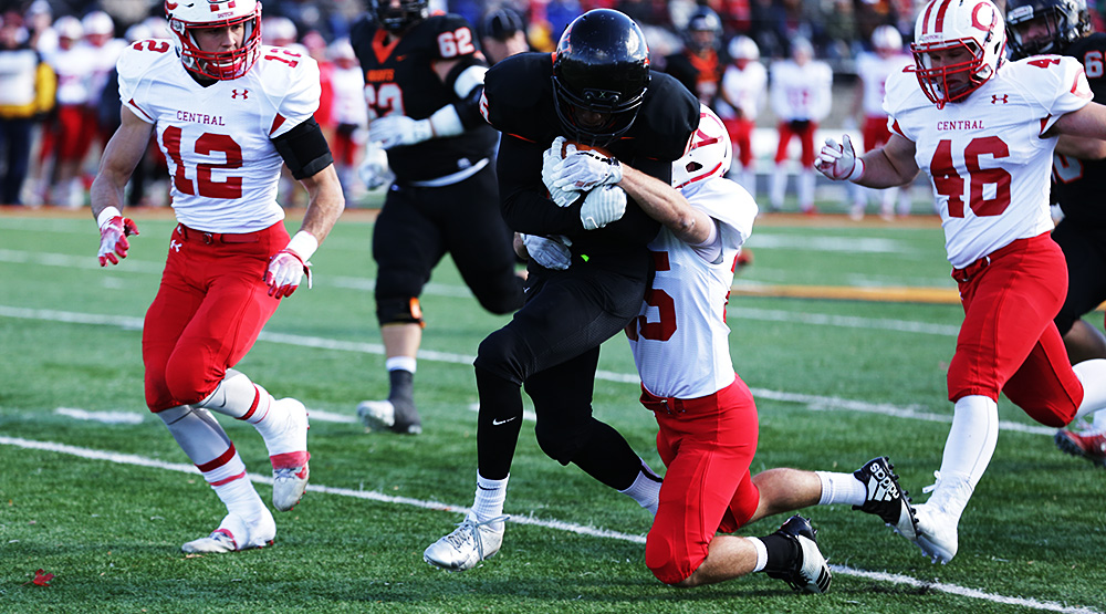 JoJo McNair carries a Central tackler. (Wartburg photo by Julie Drewes)
