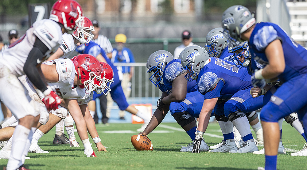 Christopher Newport's offensive line lines up across from the Montclair State defense. (Christopher Newport athletics photo)
